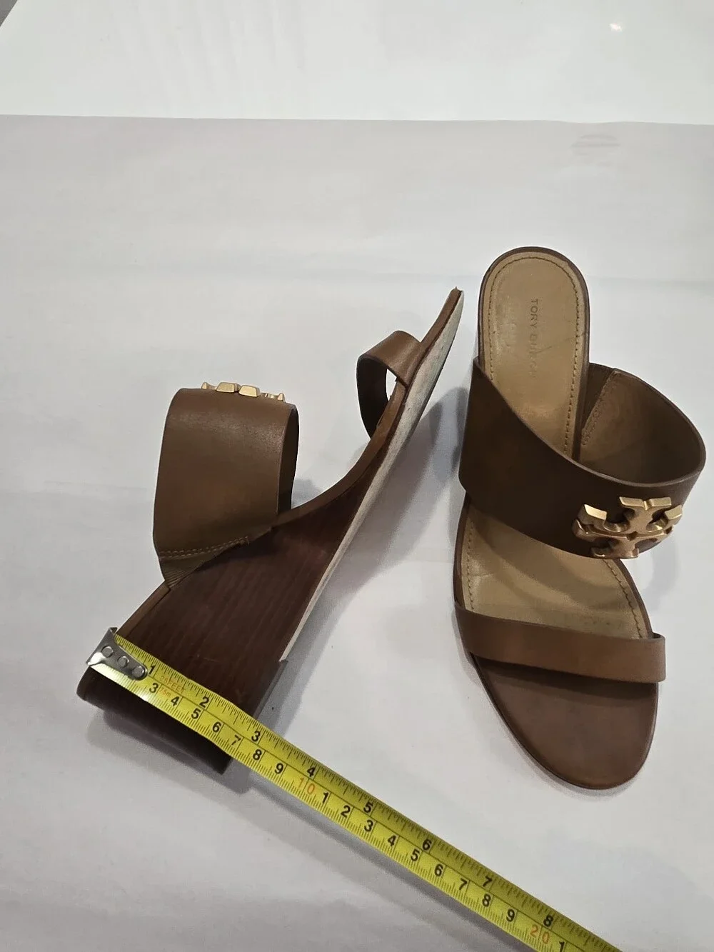 Tory Burch Everly Wedge Leather High Heel Brown Slide Sandals Sz 9 M Brown Gold